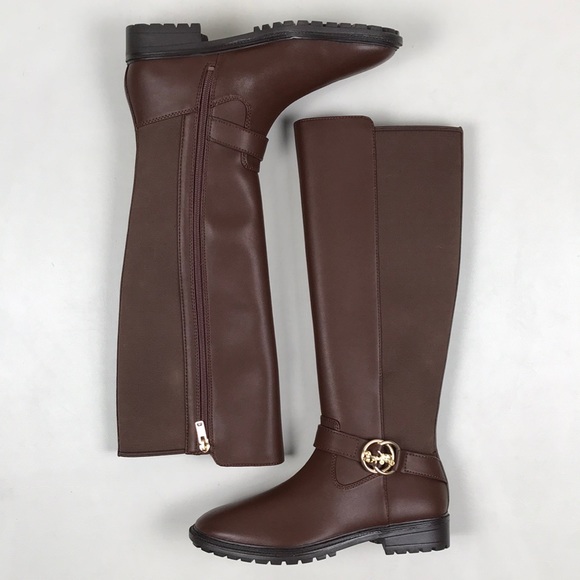 COACH Farrah Brown Leather Tall Riding Boots Logo Buckle NEW NWOB - Picture 5 of 15